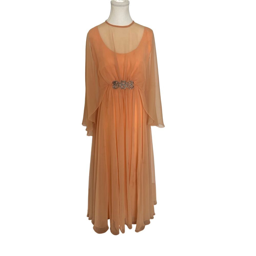 Vintage 1960s Emma Domb California Peach Chiffon Empire Waist Cape Sleeve Gown